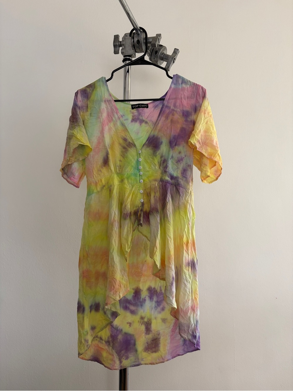 Yellow Tie-Dye V-Neck Button Front Women's Dress
